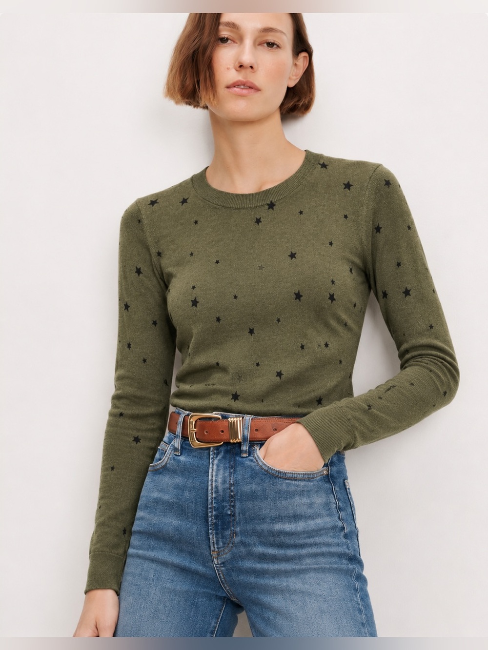 Banana Republic silk & cashmere Olive Star Print Crewneck Sweater
